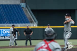 Omaha Maverick Isaak Crittenden (16) pitches during a college baseball game against Creighton on March 18, 2026, in Omaha, Nebraska. Photo by Brandon Tiedemann