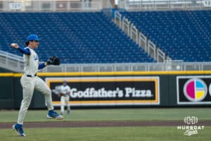 Creighton Bluejay Rocco Gump (15) throws the ball to first base during a college baseball game against Omaha on March 18, 2026, in Omaha, Nebraska. Photo by Brandon Tiedemann