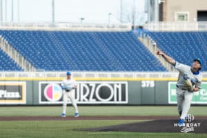 Creighton Bluejay Evan Stratton (17) pitches during a college baseball game against Omaha on March 18, 2026, in Omaha, Nebraska. Photo by Brandon Tiedemann