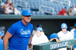 Creighton Bluejay head coach Mark Kingston stands before a college baseball game against Creighton or Omaha on March 18, 2026, in Omaha, Nebraska. Photo by Brandon Tiedemann