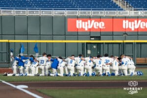 Creighton Bluejays huddle before a college baseball game against Omaha on March 18, 2026, in Omaha, Nebraska. Photo by Brandon Tiedemann