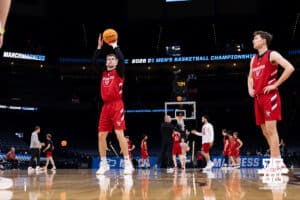 Nebraska Cornhusker guard Cale Jacobsen (31) shooting free throws during the NCAA Men’s Basketball Championship media day on Wednesday, March 18, 2026, in Oklahoma City. Photo by John S. Peterson.