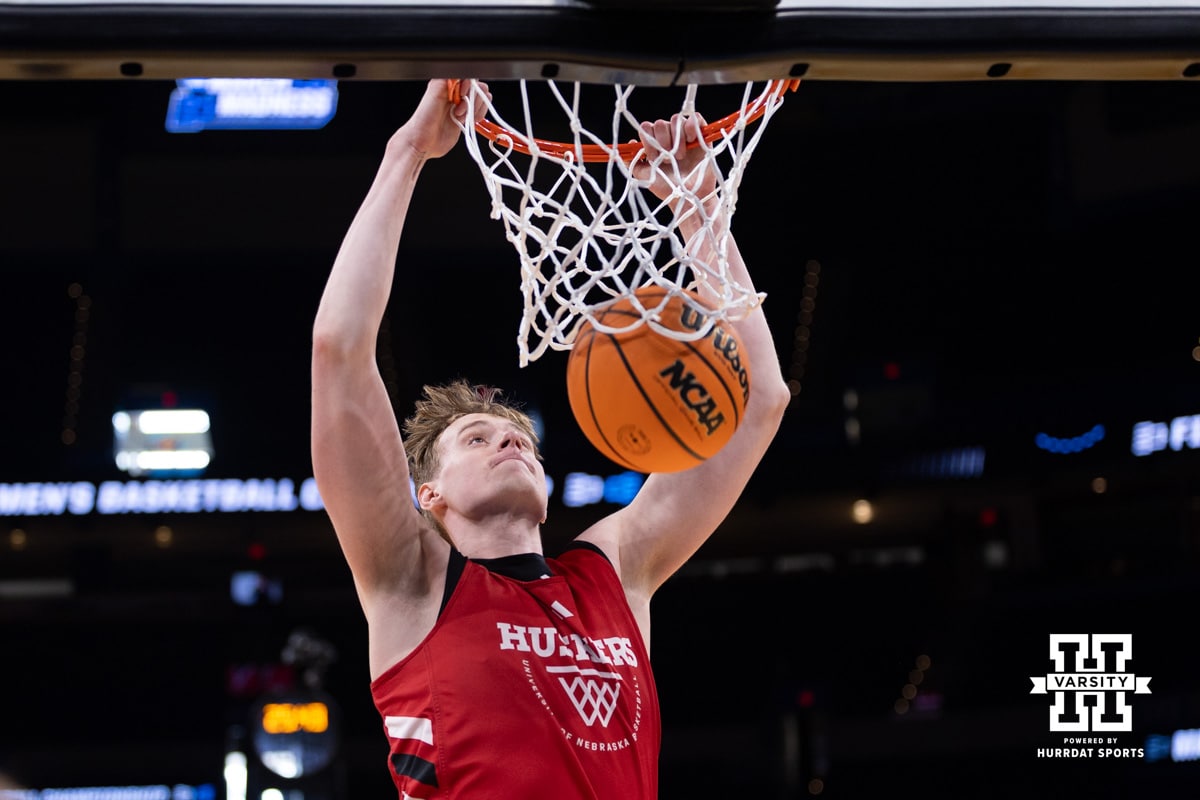 Nebraska Cornhusker forward Leo Curtis (33) dunks the basketball during the NCAA Men’s Basketball Championship media day on Wednesday, March 18, 2026, in Oklahoma City. Photo by John S. Peterson.