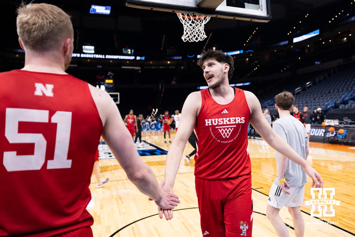 Nebraska Cornhusker Berke Büyüktuncel (9) and forward Rienk Mast (51) give each other five during the NCAA Men’s Basketball Championship media day on Wednesday, March 18, 2026, in Oklahoma City. Photo by John S. Peterson.