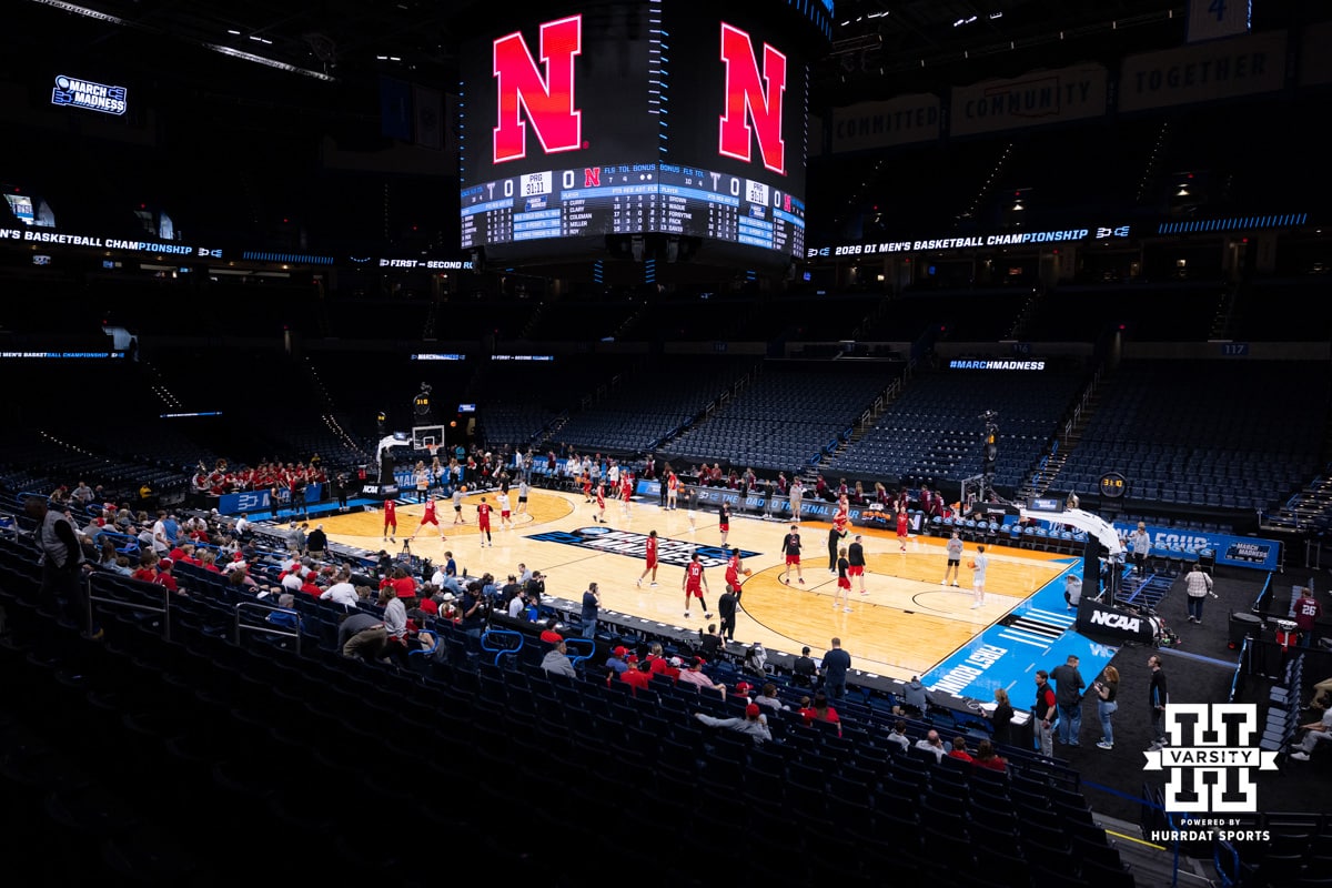 Nebraska Cornhuskers shooting around during the NCAA Men’s Basketball Championship media day on Wednesday, March 18, 2026, in Oklahoma City. Photo by John S. Peterson.
