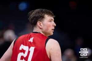 Nebraska Cornhusker forward Pryce Sandfort (21) moves to the next postiion to shoot during the NCAA Men’s Basketball Championship media day on Wednesday, March 18, 2026, in Oklahoma City. Photo by John S. Peterson.oot from