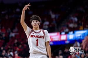 Scottsbluff’s Rylee Meininger (1) is celebrating after hitting a three pointer during a high school state championship basketball game against Elkhorn North on March 14, 2026 in Lincoln, Nebraska. Photo By Jack Stephens.