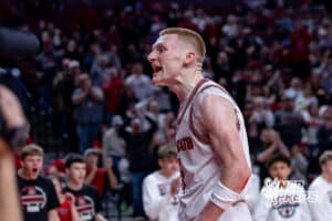 Scottsbluff’s Nate Kelly (5) is celebrating after scoring an and one layup and sealing the game with a win during a high school state championship basketball game against Elkhorn North on March 14, 2026 in Lincoln, Nebraska. Photo By Jack Stephens.
