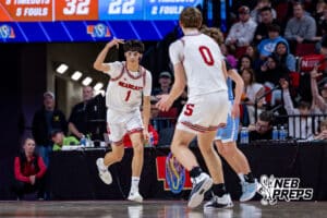 Scottsbluff’s Rylee Meininger (1) is celebrating after hitting a three pointer during a high school state championship basketball game against Elkhorn North on March 14, 2026 in Lincoln, Nebraska. Photo By Jack Stephens.