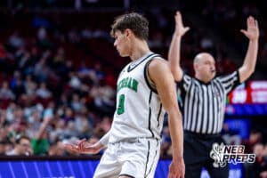 Bergan Catholic’s Cale Sheets (3) is celebrating after hitting a three pointer during a high school state championship basketball game against Norfolk Catholic on March 14, 2026 in Lincoln, Nebraska. Photo By Jack Stephens.