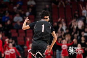 Scottsbluff's Rylee Meininger (1) celebrates after three pointer during a Boys State Championship Semifinal Round basketball game Friday, March 13, 2026, in Lincoln, Nebraska. Photo by Jackson D. Luethje.