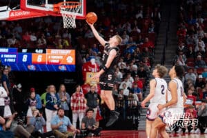 Scottsbluff's Nate Kelley (5) layup during a Boys State Championship Semifinal Round basketball game Friday, March 13, 2026, in Lincoln, Nebraska. Photo by Jackson D. Luethje.