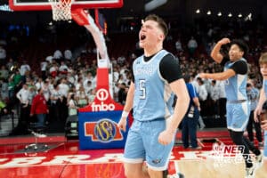 Elkhorn North's Ethan Beachy (5) celebrates during a Boys State Championship Semifinal Round basketball game Friday, March 13, 2026, in Lincoln, Nebraska. Photo by Jackson D. Luethje.