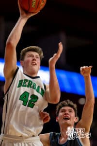 Bergan Catholic forward Gavin Becker (42) lays the ball up past a Freeman Falcon defender during a boys state semifinal basketball game, Mar. 13, 2026, Lincoln, Nebraska. Photo by Braden Cochran.