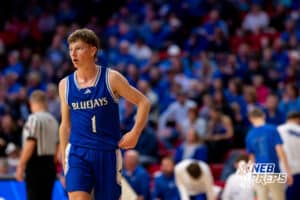 Guardian Angel Central Catholic Bluejay Luke Guenther (1) walks to the baseline to in bound the ball during a boys state semifinal basketball game, Mar. 13, 2026, Lincoln, Nebraska. Photo by Braden Cochran.