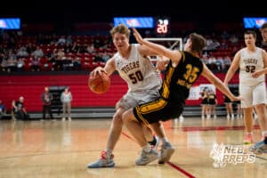 McCool Junction's Jameson Weiss (35) blocks East Butler's Drew Wachal (50) during a Boys State Championship First Round basketball game Thursday, March 12, 2026, in Lincoln, Nebraska. Photo by Jackson D. Luethje.