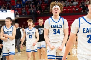 Norfolk Lutheran's D'artagnan Taylor (34) celebrates during a Boys State Championship First Round basketball game Thursday, March 12, 2026, in Lincoln, Nebraska. Photo by Jackson D. Luethje.