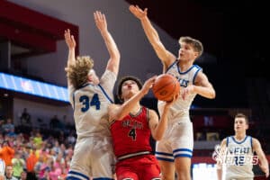 Mead’s Derrick Seay (4) layup during a Boys State Championship First Round basketball game Thursday, March 12, 2026, in Lincoln, Nebraska. Photo by Jackson D. Luethje.
