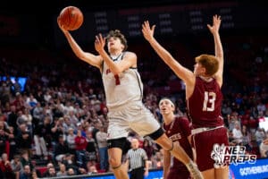 Auburn's Ryan Guenther (1) layup during a Boys State Championship First Round basketball game Thursday, March 12, 2026, in Lincoln, Nebraska. Photo by Jackson D. Luethje.