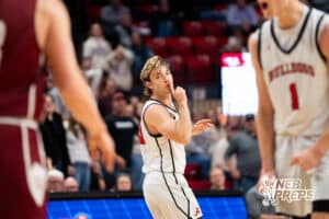 Auburn's's Creighton Keeling (23) shushes the crowd during a Boys State Championship First Round basketball game Thursday, March 12, 2026, in Lincoln, Nebraska. Photo by Jackson D. Luethje.