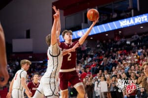 Gothenburg's Landon Mroczek (2) layup during a Boys State Championship First Round basketball game Thursday, March 12, 2026, in Lincoln, Nebraska. Photo by Jackson D. Luethje.