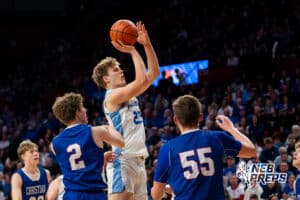Ashland-Greenwood's Derek Tonjes (23) shoots during a Boys State Championship First Round basketball game Thursday, March 12, 2026, in Lincoln, Nebraska. Photo by Jackson D. Luethje.