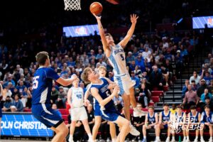 Ashland-Greenwood's Cal Kissinger (5) alyup during a Boys State Championship First Round basketball game Thursday, March 12, 2026, in Lincoln, Nebraska. Photo by Jackson D. Luethje.