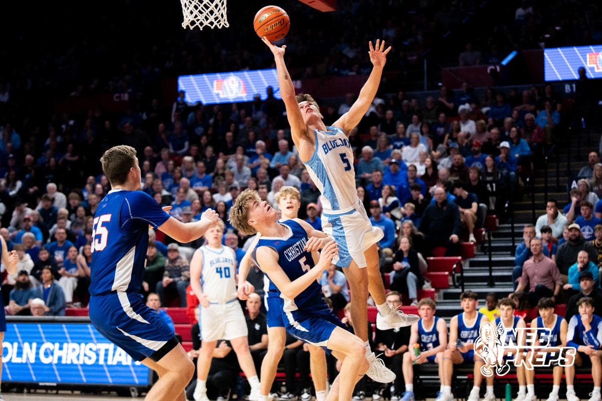 Ashland-Greenwood's Cal Kissinger (5) alyup during a Boys State Championship First Round basketball game Thursday, March 12, 2026, in Lincoln, Nebraska. Photo by Jackson D. Luethje.