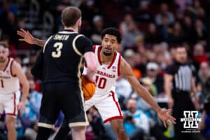 Nebraska Cornhusker guard Jamarques Lawrence (10) guards Purdue Boilermaker guard Braden Smith (3) during the Big Ten Men’s Basketball Championships quarter-final on Friday, March 13, 2026, in Chicago, Illinois. Photo by John S. Peterson.