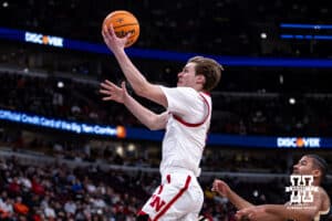 Nebraska Cornhusker forward Braden Frager (5) makes a lay-up against the Purdue Boilermakers during the Big Ten Men’s Basketball Championships quarter-final on Friday, March 13, 2026, in Chicago, Illinois. Photo by John S. Peterson.