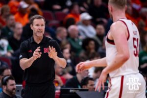 Nebraska Cornhusker head coach Fred Hoiberg communicates with Rienk Mast during the Big Ten Men’s Basketball Championships quarter-final on Friday, March 13, 2026, in Chicago, Illinois. Photo by John S. Peterson.
