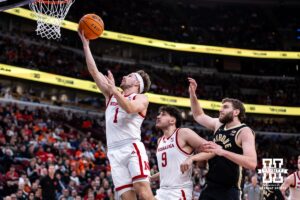 Nebraska Cornhusker guard Sam Hoiberg (1) makes a lay-up against the Purdue Boilermakers during the Big Ten Men’s Basketball Championships quarter-final on Friday, March 13, 2026, in Chicago, Illinois. Photo by John S. Peterson.