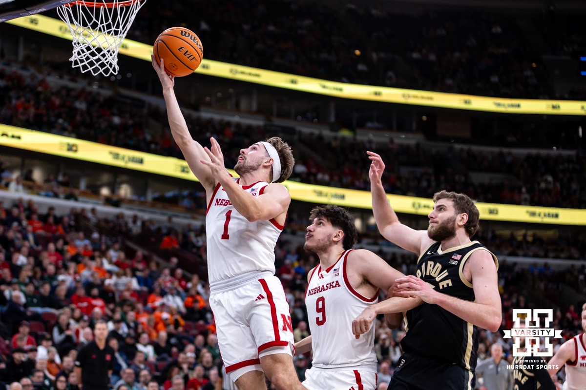 Nebraska Cornhusker guard Sam Hoiberg (1) makes a lay-up against the Purdue Boilermakers during the Big Ten Men’s Basketball Championships quarter-final on Friday, March 13, 2026, in Chicago, Illinois. Photo by John S. Peterson.