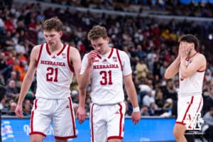Nebraska Cornhusker forward Pryce Sandfort (21) and Cale Jacobsen react to their performance against the Purdue Boilermakers during the Big Ten Men’s Basketball Championships quarter-final on Friday, March 13, 2026, in Chicago, Illinois. Photo by John S. Peterson.