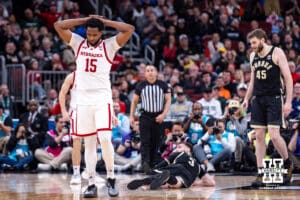 Nebraska Cornhusker forward Jared Garcia (15) trips up Purdue Boilermaker guard Braden Smith (3) and gets a foul during the Big Ten Men’s Basketball Championships quarter-final on Friday, March 13, 2026, in Chicago, Illinois. Photo by John S. Peterson.