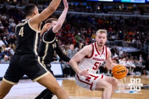 Nebraska Cornhusker forward Rienk Mast (51) drives to the basket against the Purdue Boilermakers during the Big Ten Men’s Basketball Championships quarter-final on Friday, March 13, 2026, in Chicago, Illinois. Photo by John S. Peterson.