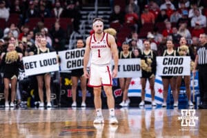 Nebraska Cornhusker guard Sam Hoiberg (1) standing on the court with a break in the action against the Purdue Boilermakers during the Big Ten Men’s Basketball Championships quarter-final on Friday, March 13, 2026, in Chicago, Illinois. Photo by John S. Peterson.