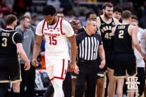 Nebraska Cornhusker forward Jared Garcia (15) reacts to turning over the ball against the Purdue Boilermakers during the Big Ten Men’s Basketball Championships quarter-final on Friday, March 13, 2026, in Chicago, Illinois. Photo by John S. Peterson.