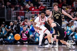 Nebraska Cornhusker forward Jared Garcia (15) reacts to losing the ball against the Purdue Boilermakers during the Big Ten Men’s Basketball Championships quarter-final on Friday, March 13, 2026, in Chicago, Illinois. Photo by John S. Peterson.