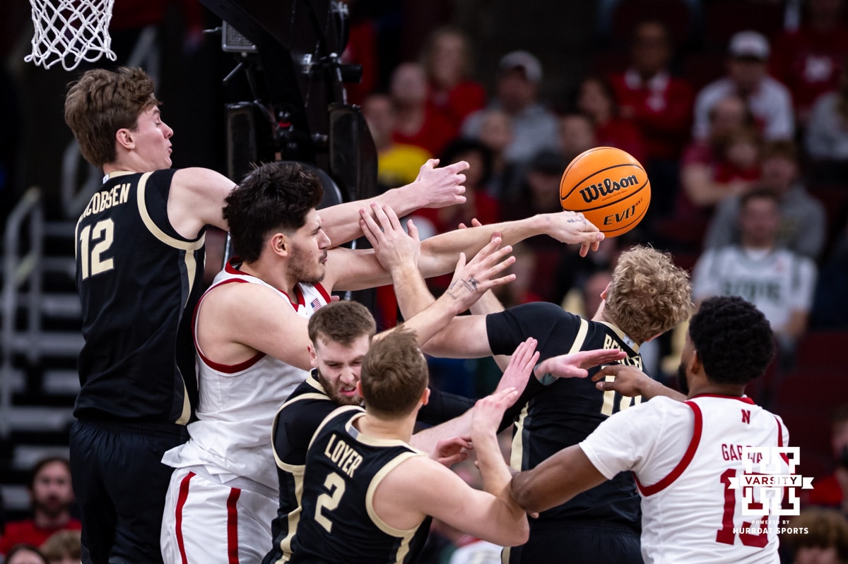 Nebraska Cornhusker forward Berke Büyüktuncel (9) battles against the Purdue Boilermakers for the ball during the Big Ten Men’s Basketball Championships quarter-final on Friday, March 13, 2026, in Chicago, Illinois. Photo by John S. Peterson.