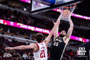 Purdue Boilermaker center Oscar Cluff (45) dunks the ball against the Nebraska Cornhuskers during the Big Ten Men’s Basketball Championships quarter-final on Friday, March 13, 2026, in Chicago, Illinois. Photo by John S. Peterson.