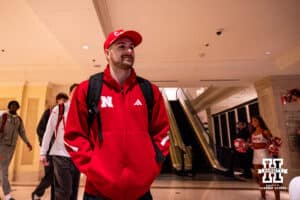Nebraska Cornhusker guard Sam Hoiberg (1) leaving the hotel for the United Center to take on the Purdue Boilermakers during the Big Ten Men’s Basketball Championships quarter-final on Friday, March 13, 2026, in Chicago, Illinois. Photo by John S. Peterson.