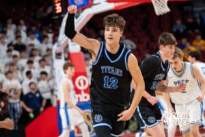 Papillion-La Vista South's Levi Webb (12) celebrates during a Boys State Championship First Round basketball game Wednesday, March 11, 2026, in Lincoln, Nebraska. Photo by Jackson D. Luethje.