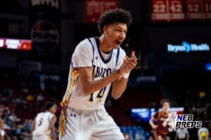 Bellevue West's Pierce Parker (14) celebrates during a Boys State Championship First Round basketball game Wednesday, March 11, 2026, in Lincoln, Nebraska. Photo by Jackson D. Luethje.