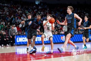Lincoln Southwest's Makkiah Sanders (10) rolls ankel during a Boys State Championship First Round basketball game Wednesday, March 11, 2026, in Lincoln, Nebraska. Photo by Jackson D. Luethje.
