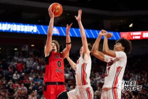 Lincoln High's Jaxyn Cruse (0) layup during a Boys State Championship First Round basketball game Wednesday, March 11, 2026, in Lincoln, Nebraska. Photo by Jackson D. Luethje.