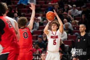 Omaha Westside's Donnie Barfield, Jr. (5) shoots a three during a Boys State Championship First Round basketball game Wednesday, March 11, 2026, in Lincoln, Nebraska. Photo by Jackson D. Luethje.