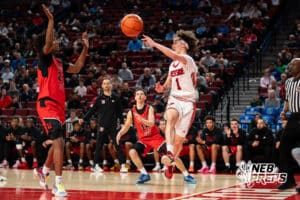 Omaha Westside's Montae Brown (1) passes during a Boys State Championship First Round basketball game Wednesday, March 11, 2026, in Lincoln, Nebraska. Photo by Jackson D. Luethje.