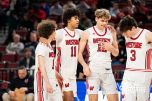 Omaha Westside's London Dada (11) Will Preston (12) Montae Brown (1) and Emre Gedik (3) during a Boys State Championship First Round basketball game Wednesday, March 11, 2026, in Lincoln, Nebraska. Photo by Jackson D. Luethje.