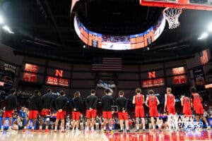 Lincoln High lines up during a Boys State Championship First Round basketball game Wednesday, March 11, 2026, in Lincoln, Nebraska. Photo by Jackson D. Luethje.